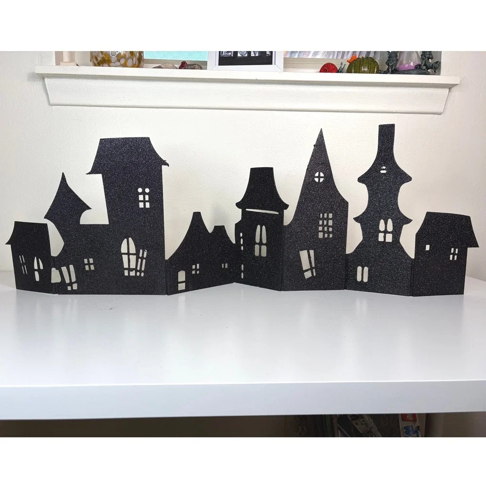 Crate & Barrel Haunted Village Silhouette Stand Up Black Glitter Halloween NIB